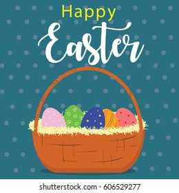 Colorful Happy Easter greeting card with eggs and rabbit