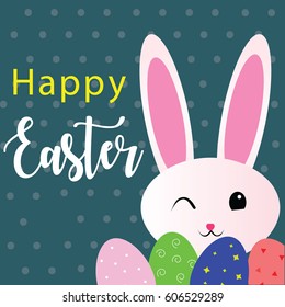 Colorful Happy Easter greeting card with eggs and rabbit