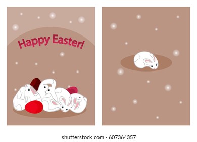 Colorful Happy Easter greeting card with rabbits, eggs. Vector illustration for the holiday of Easter.