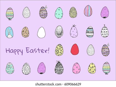 Colorful Happy Easter greeting card with many eggs. Vector illustration on the violet background.