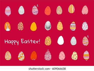 Colorful Happy Easter greeting card with many ornamental eggs. Vector illustration on the red background.