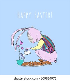 Colorful Happy Easter greeting card with bunny. Rabbit watering a flower in a pot. Vector illustration on the blue background.