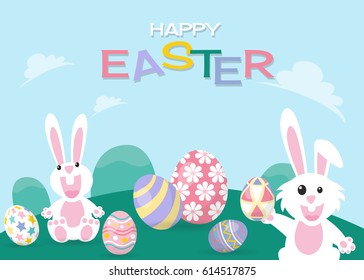 Colorful Happy Easter greeting card with rabbit, bunny and eggs