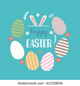 Colorful Happy Easter greeting card with rabbit, bunny and text
