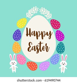 Colorful Happy Easter greeting card with rabbit, bunny and text