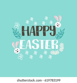 Colorful Happy Easter greeting card with rabbit, bunny and text