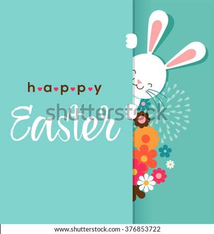 Colorful Happy Easter greeting card with rabbit, bunny, eggs and banners