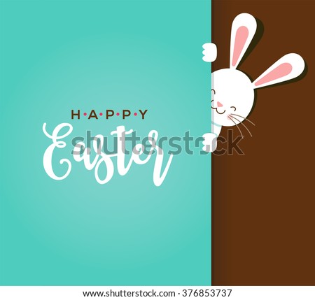 Colorful Happy Easter greeting card with rabbit, bunny, eggs and banners