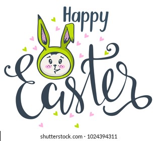 Colorful Happy Easter greeting lettering with rabbit, bunny.