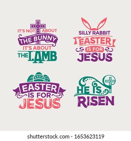 Colorful Happy Easter and He is Risen Phrase Quote for greeting card with rabbit, bunny and handwriting