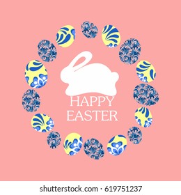Colorful Happy Easter illustration with rabbit, eggs and text