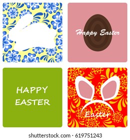 Colorful Happy Easter illustration with rabbit, eggs and text
