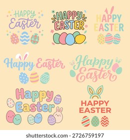 Coloridas ilustraciones de Pascua feliz con huevos y diseños de orejas de conejo
