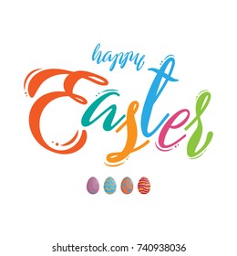 Colorful happy easter lettering with easter eggs different texture, vector illustration