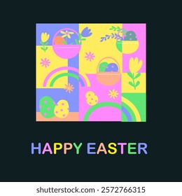 Colorful happy easter patterns with flowers and eggs for spring celebrations.