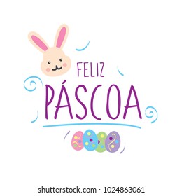 Colorful Happy Easter in portuguese language with rabbit and bunny