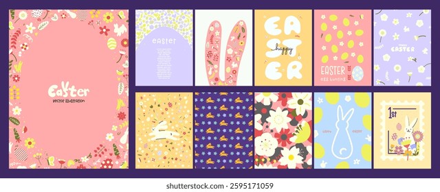 Colorful Happy Easter Poster Set. Whimsical cartoon easter element illustrations, spring floral designs. Floral patterns, easter bunny, patterned easter eggs. Vector Illustrations.