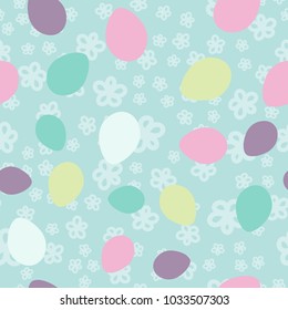 Colorful Happy Easter seamless pattern with flowers and eggs. Vector illustration. Flat style. Pastel colors.