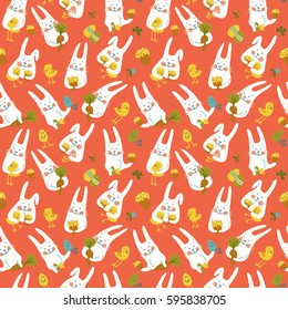 Colorful happy easter seamless pattern with cute bunnies holding carrots chickens eggs and flowers on red background doodle vector illustration