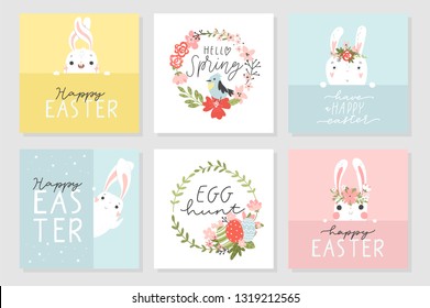Colorful Happy Easter set with greeting cards. Rabbit, bunny, lettering, flowers, birds and banners