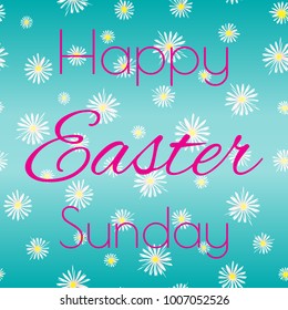 Colorful Happy Easter Sunday greeting card with white little flowers on turquoise backdrop. Spring Holiday composition on seamless background.
