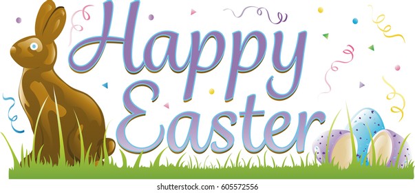 Colorful Happy Easter text with a chocolate bunny and malted eggs.