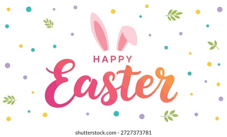Colorful Happy Easter Typography with Bunny Ears and Confetti Decorations