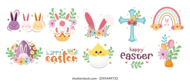 Colorful happy easter vector set with flower and leaf decoration