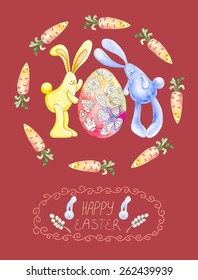 Colorful Happy Easter watercolor vector design for greeting card with flowers eggs and rabbit . Watercolor illustration of Easter. Template for greeting card or invitation with rabbits and eggs.