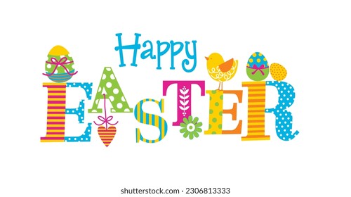 Colorful Happy Easter Wordings Isolated with Chicks and Eggs- Easter Vector Illustration