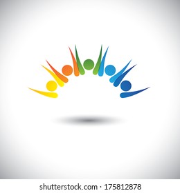 Colorful happy, excited people having fun - concept vector. This graphic icon also represents children having good time, friends party, excited team members, happy employees, satisfied customers