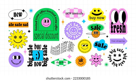 Colorful happy face business sale sticker collection. Set of trendy retro cartoon label for store discount, online promotion or social media post. Fun y2k style graphic element bundle.