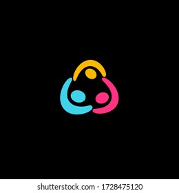 Colorful happy family holding hands logo. Group of people, unity circle logotype. Children funny play room icon. Community cooperation, team work  vector illustration on black background. 