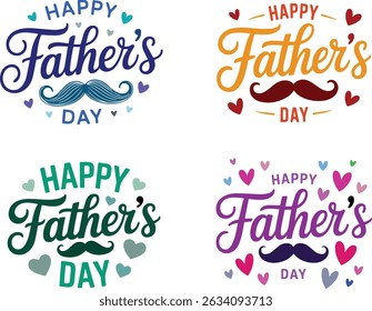Colorful Happy Father's Day Typography Set with Mustache and Heart Decoration