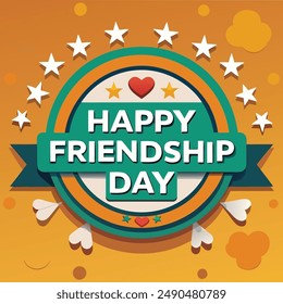 Colorful Happy Friendship Day Badge with Hearts and Ribbons.