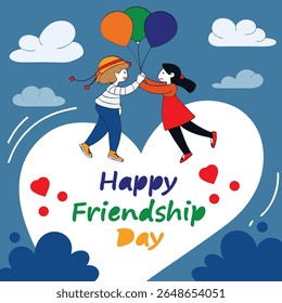 Colorful Happy Friendship Day vector illustration featuring two children holding balloons with a heart shape background in a clean, playful line art style. Perfect for greeting cards, posters, social 