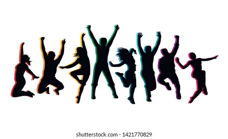 Colorful happy group people jump vector illustration silhouette. Cheerful man and woman isolated. Jumping fun friends background. Expressive dance dancing, jazz, funk, hip-hop hands up