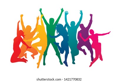 Colorful happy group people jump vector illustration silhouette. Cheerful man and woman isolated. Jumping fun friends background. Expressive dance dancing, jazz, funk, hip-hop hands up