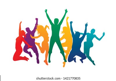 Colorful happy group people jump vector illustration silhouette. Cheerful man and woman isolated. Jumping fun friends background. Expressive dance dancing, jazz, funk, hip-hop hands up