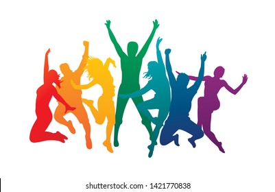 Colorful Happy Group People Jump Vector Illustration Silhouette. Cheerful Man And Woman Isolated. Jumping Fun Friends Background. Expressive Dance Dancing, Jazz, Funk, Hip-hop Hands Up