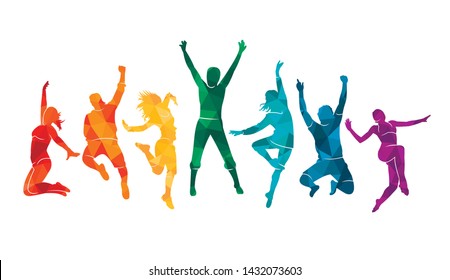 Colorful happy group people jump illustration silhouette. Cheerful man and woman isolated. Jumping fun friends background. Expressive dance dancing, jazz, funk, hip-hop hands up