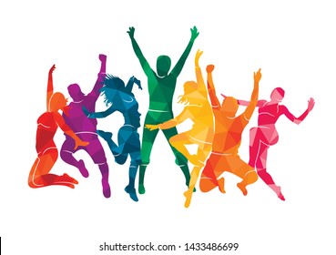 Colorful happy group people jump illustration silhouette. Cheerful man and woman isolated. Jumping fun friends background. Expressive dance dancing, jazz, funk, hip-hop hands up