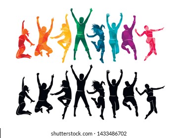 Colorful Happy Group People Jump Illustration Silhouette. Cheerful Man And Woman Isolated. Jumping Fun Friends Background. Expressive Dance Dancing, Jazz, Funk, Hip-hop Hands Up