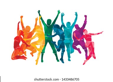 Colorful happy group people jump illustration silhouette. Cheerful man and woman isolated. Jumping fun friends background. Expressive dance dancing, jazz, funk, hip-hop hands up