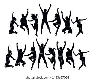 Colorful happy group people jump illustration silhouette. Jumping fun friends background. Expressive dance dancing, jazz, funk, hip-hop hands up