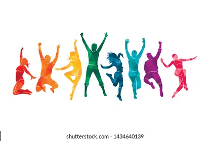 Colorful happy group people jump illustration silhouette. Cheerful man and woman isolated. Jumping fun friends background. Expressive dance dancing, jazz, funk, hip-hop hands up