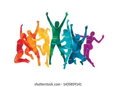 Colorful happy group people jump vector illustration silhouette. Cheerful man and woman isolated. Jumping fun friends background. Expressive dance dancing, jazz, funk, hip-hop hands up