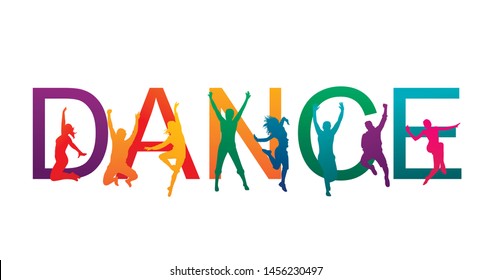 Colorful happy group people jump vector illustration silhouette. Cheerful man and woman isolated. Jumping fun friends background. Expressive dance dancing, jazz, funk, hip-hop hands up