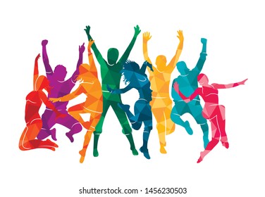 Colorful Happy Group People Jump Vector Illustration Silhouette. Cheerful Man And Woman Isolated. Jumping Fun Friends Background. Expressive Dance Dancing, Jazz, Funk, Hip-hop Hands Up