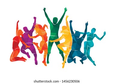 Colorful happy group people jump vector illustration silhouette. Cheerful man and woman isolated. Jumping fun friends background. Expressive dance dancing, jazz, funk, hip-hop hands up